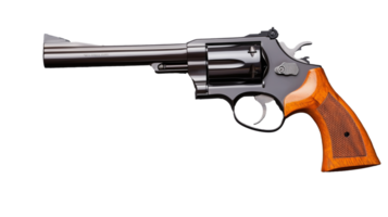 Detailed silver revolver with wooden grip and polished finish on transparent background png