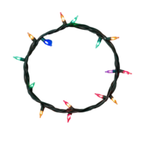 Colorful Christmas string lights arranged in a circular pattern on transparent background png