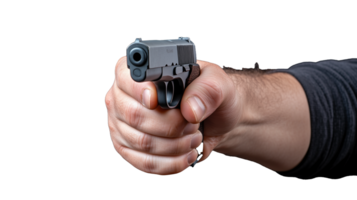 Hand holding a handgun with focus on grip and trigger on transparent background png