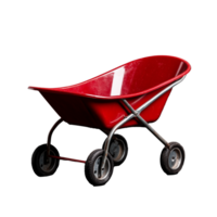 Red wheelbarrow with metal frame and rubber wheels on transparent background png