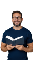 Smiling man holding an open book with glasses on transparent background png