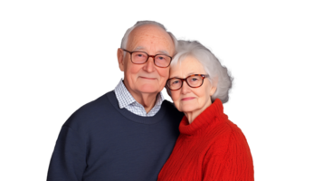 Elderly couple embracing with smiles in cozy attire on transparent background png