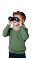 Young boy using binoculars for exploration on transparent background png