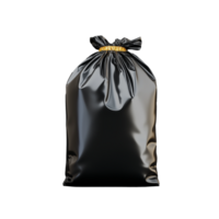 Black garbage bag with tied top, shiny surface and rounded shape, suitable for waste disposal on transparent background png