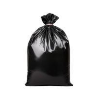 Black garbage bag tied at the top, filled with waste materials on transparent background png