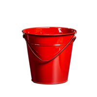 Red metal bucket with handle, shiny surface, ideal for various tasks, versatile storage solution on transparent background png