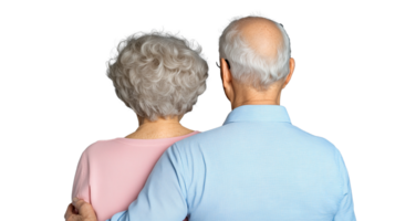 Elderly couple embracing from behind with gray hair on transparent background png