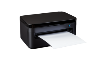Black printer with paper output and sleek design on transparent background png