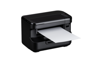 Black multifunction printer with paper output and control panel on transparent background png