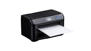 Compact black printer with paper output and control panel on transparent background png