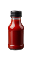 Red sauce bottle with black lid, ketchup condiment, glass container, glossy finish, on transparent background png