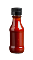 Bottle of red sauce with a black cap on transparent background png