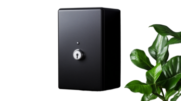 Black security safe box with key lock and sleek design on transparent background png