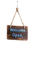Welcome Open sign with rustic wooden texture and bright lettering on transparent background png