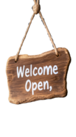 Rustic wooden sign with Welcome Open text hanging on a rope on transparent background png