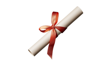 Diploma scroll with red ribbon, rolled parchment, elegant design, certificate representation, graduation symbol on transparent background png