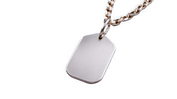 Silver dog tag pendant with chain, polished finish, blank surface on transparent background png