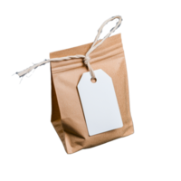 Brown paper bag with blank tag tied with twine on transparent background png