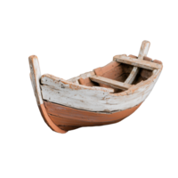 Rustic wooden fishing boat model with detailed texture and weathered finish on transparent background png