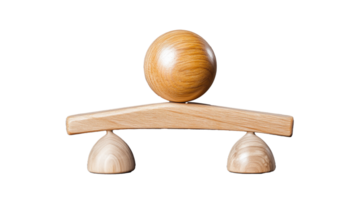 Wooden balance toy with spherical piece and curved base on transparent background png