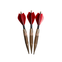 Three red dart arrows with metal tips and textured barrels on transparent background png