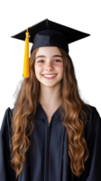 Smiling graduate in black gown and cap with yellow tassel on transparent background png