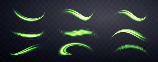 Glowing green lines set. Neon realistic energy speed. Abstract light effect vector