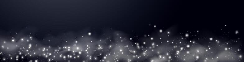 White glittering dots, particles, stars magic sparks. Dust cloud flare light effect. Silver luminous points with smoke. particles on black background vector