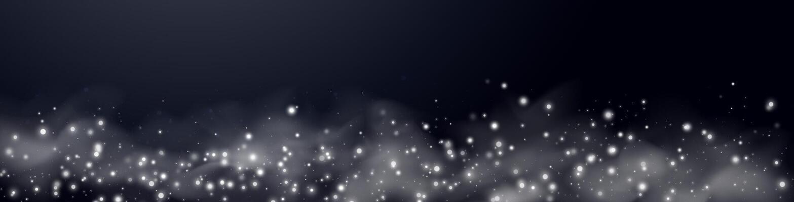White glittering dots, particles, stars magic sparks. Dust cloud flare light effect. Silver luminous points with smoke. particles on black background