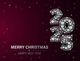 Numbers 2025 New Year and Christmas. Of sparkling, luxurious, precious stones - diamonds. Festive banner with glitter. Realistic style. Red background. vector