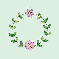 Floral Wreath Design Pink Flowers, Green Leaves, Circular Frame vector