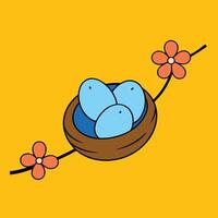 Cartoon bird nest with three eggs and a flower on yellow background vector