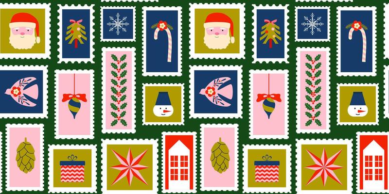 Christmas stamps seamless pattern. Holiday vibes. Geometric Christmas festive elements. New year icons, marks, badges, labels, stickers. Retro vintage background, wallpaper, wrapping paper. .