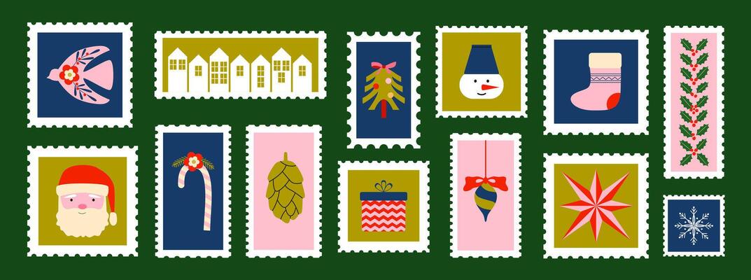 Christmas stamps and stickers. Holiday vibes. Geometric Christmas festive elements. New year icons. Retro vintage background, mark, badge, label. .