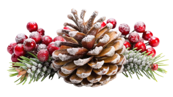 A snow-dusted pine cone decorated with glitter and red berries png