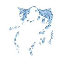 Water flow, splashes bubbles waves with drops, ice cubes hand drawn in watercolor. Blue liquid pouring motion, flowing clear wet spray ripples. Illustration, single object isolated on white background vector