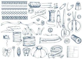 Blue scissors ribbon thread bobbins lace pin cushion buttons thimble pins needles. Hand drawn ink illustration sewing craft supplies. Objects set isolated on white. Atelier, tailor, hobby shop vector
