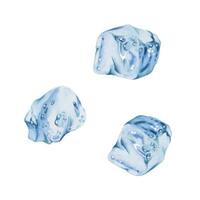 Water flow, splashes bubbles waves with drops, ice cubes hand drawn in watercolor. Blue liquid pouring motion, flowing clear wet spray ripples. Illustration, single object isolated on white background vector