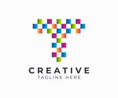 Abstract colorful pixelated T letter logo template icon design for digital business vector