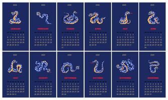 calendar for 2025 12 months with snakes in different positions. New Year of the Snake. Lunar New Year or Chinese New Year. blue curved snake on a dark background. character about animals of the zodiac vector