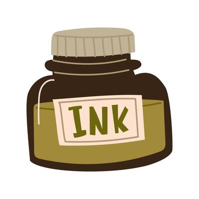 A color image of an inkwell in dark glass on a white background. An isolated writing object. A jar of green ink in a dark glass. A jar with an inscription. illustration for poets, letters