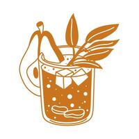 A glass of orange pear cocktail with ginger and ice cubes. A winter soft drink with pieces of fruit in a flat design on a white background. A glass glass with a refreshing drink. Isolated illustration vector