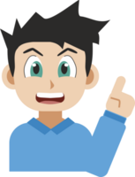 Manga style illustration of a smiling young man pointing up with her index finger isolated on white background png