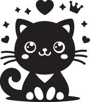 a black and white drawing of a cat and a heart silhouette art style outline vector
