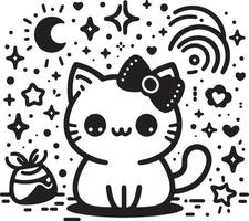 a cat with a bow on its head sits in front of a white background with stars silhouette art style vector