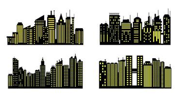 Four city skylines with illuminated buildings in modern style vector
