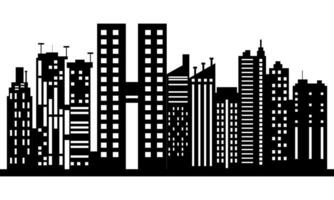 Modern Black and White City Skyline Silhouette with High-Rise Buildings and Urban Architecture vector