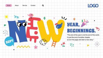 New year landing page template with doodle theme vector