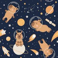 Seamless pattern with cute capybaras in space in cartoon minimalistic style. Capybara in a space suit. vector