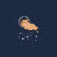 Capybara in space. Cute little animal against the dark background of the night sky. Capybara constellation vector